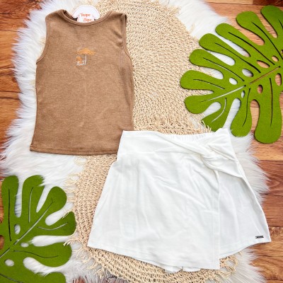 Conj. Regata Praia e Short - Marrom e Off White